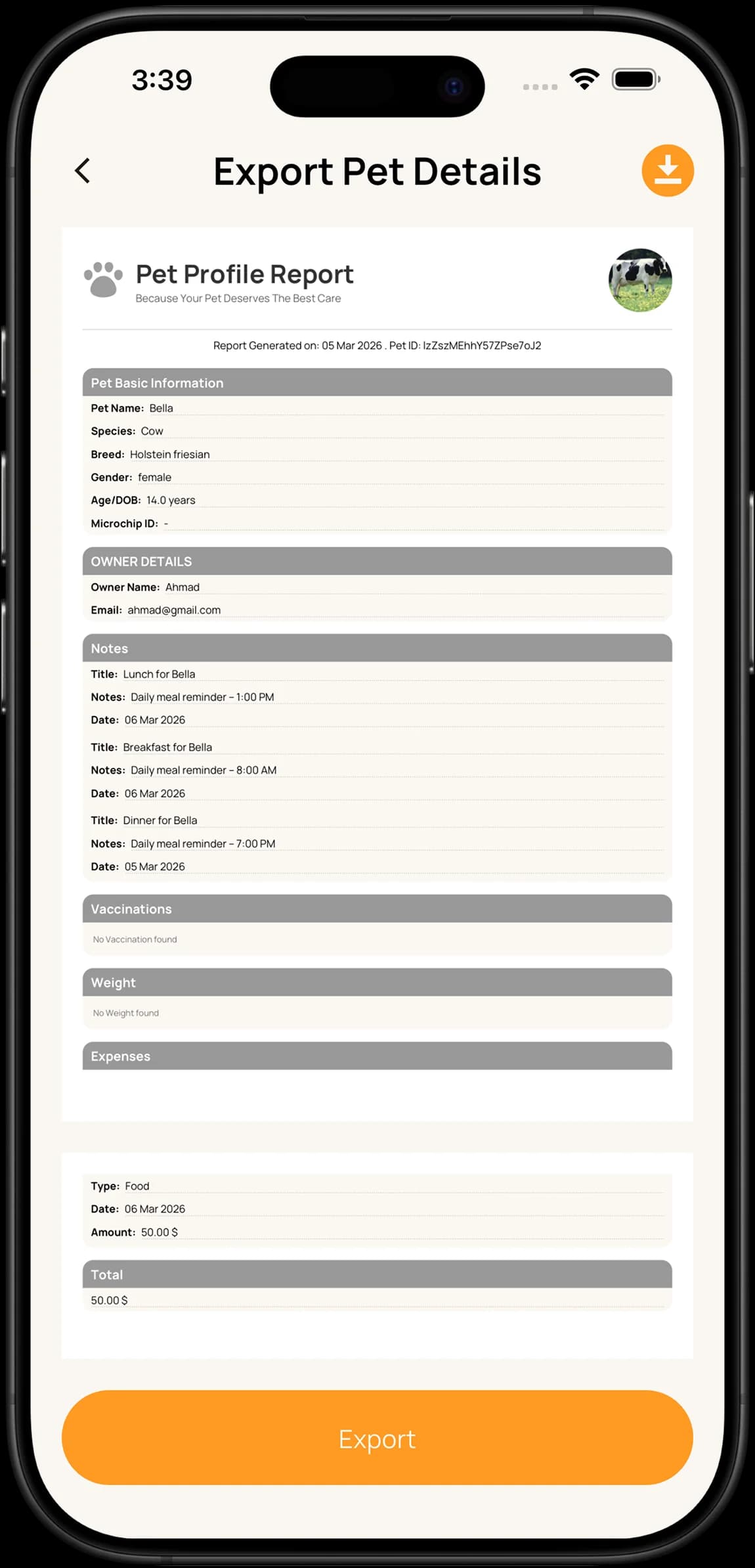 Note Pet app screen 2